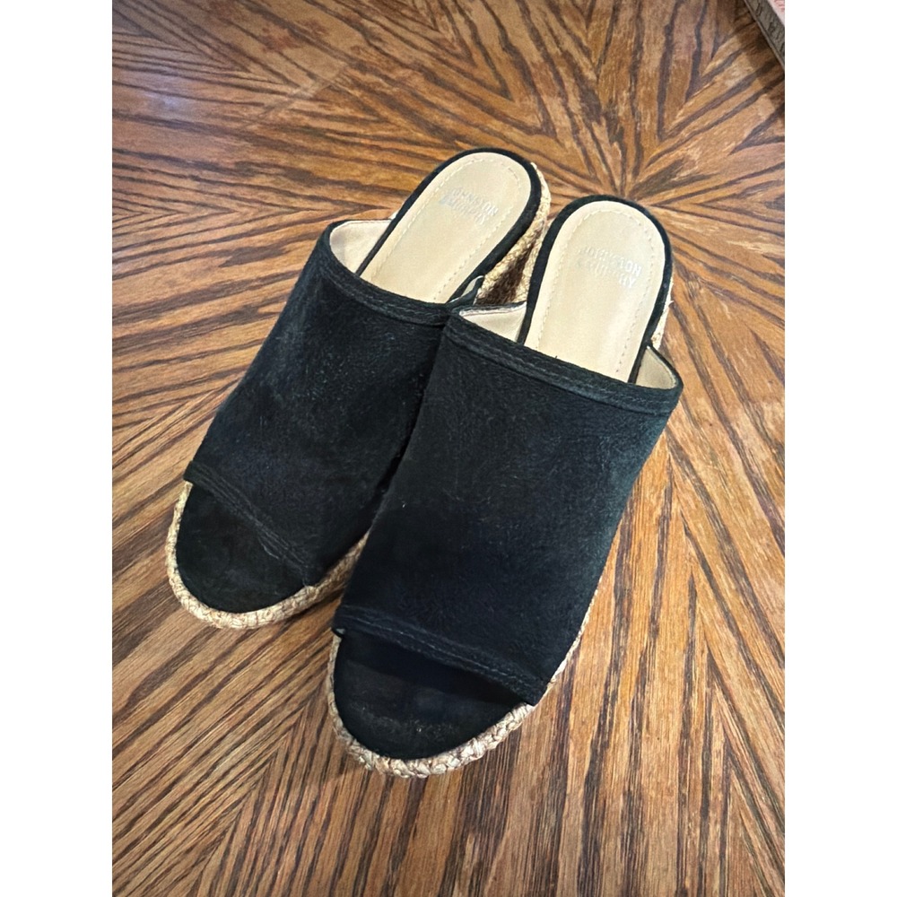 Johnston & Murphy Black Suede‎ Espadrille Wedge Sandals Open Toe Slides Womens